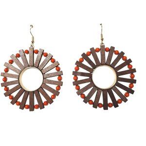 Brown Wooden Round Dangle Earrings Boho Costume Jewelry